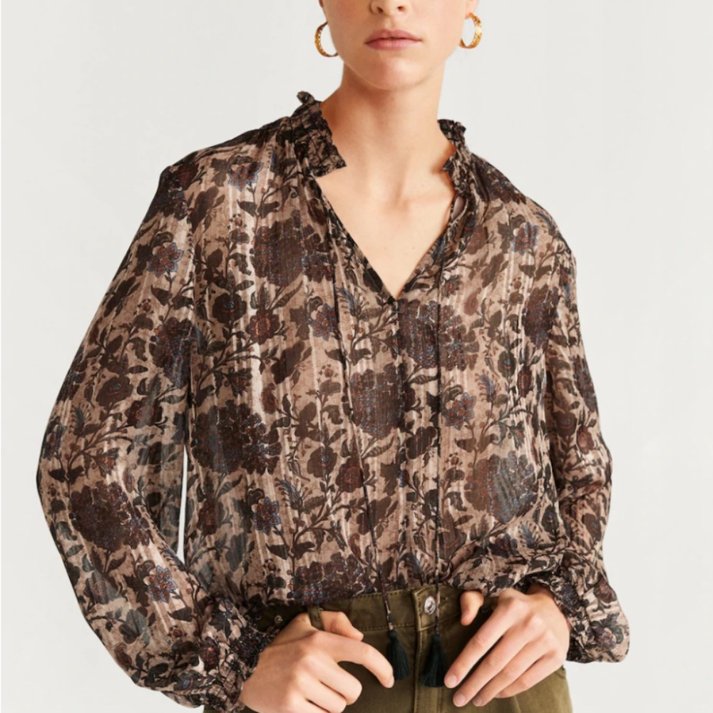 Flowy blouse - Floral print - Metallic thread - Long sleeve - Mango Small